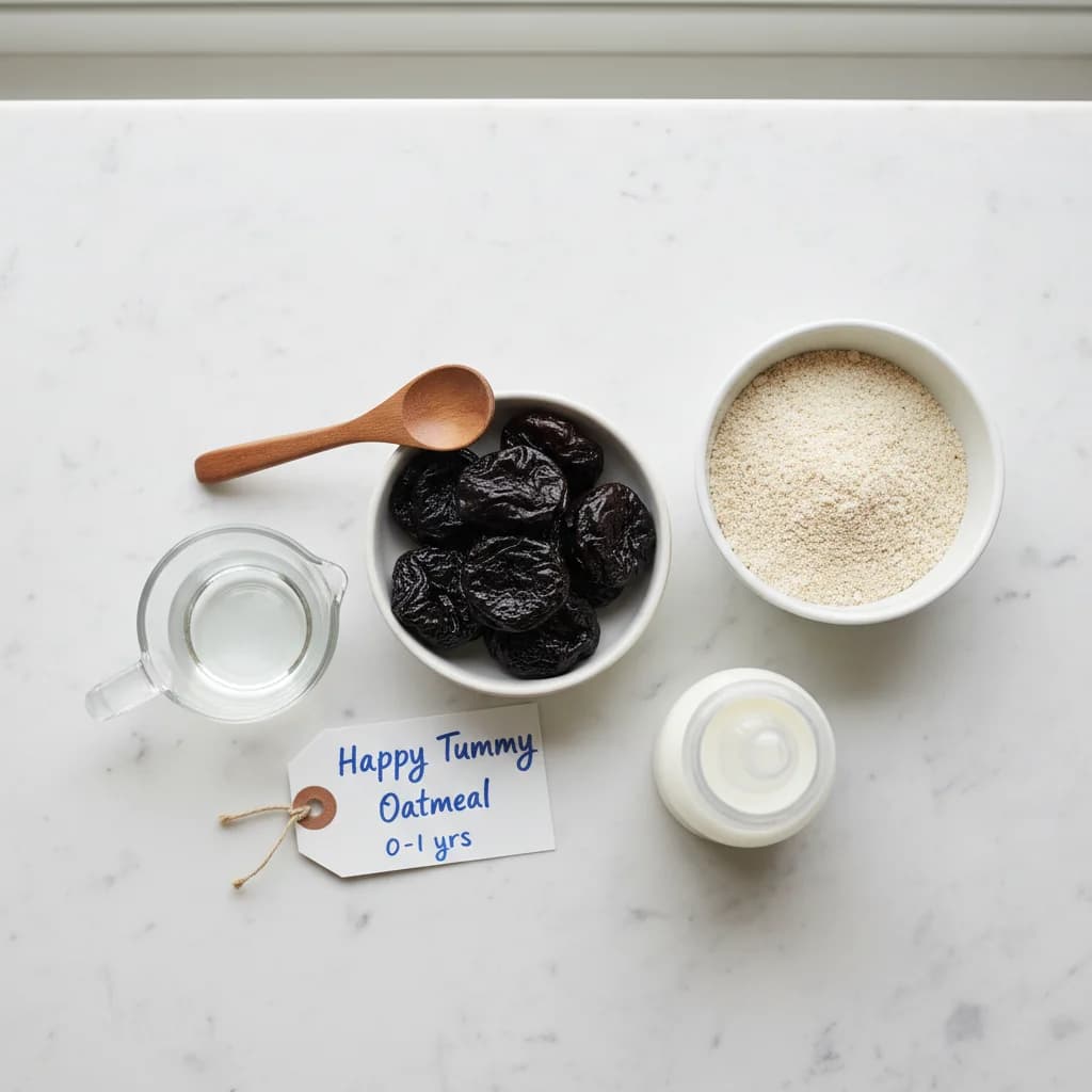 All ingredients needed for Happy Tummy Oatmeal with Prune Power arranged on a clean surface