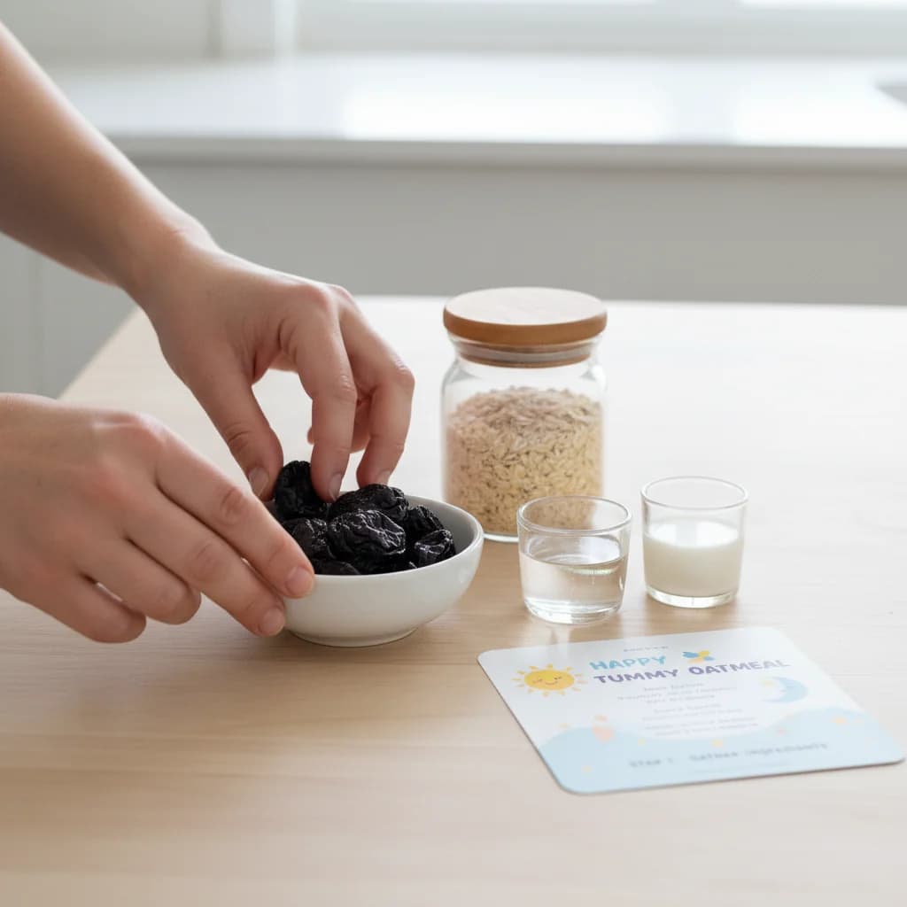 Step 1: **Gather Ingredients:** Measure out the prunes, water, oatmeal, and breast milk/formula/water. Ensur for Happy Tummy Oatmeal with Prune Power