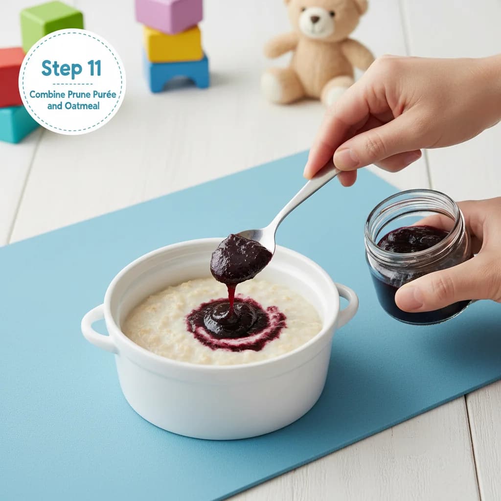 Step 11: **Combine Prune Purée and Oatmeal:** Add 1-2 tablespoons of the prepared prune purée to the oatmeal. for Happy Tummy Oatmeal with Prune Power