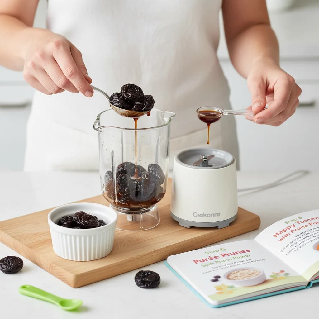 Step 6: **Purée Prunes:** Transfer the softened prunes and 1-2 tablespoons of the soaking liquid to a small for Happy Tummy Oatmeal with Prune Power