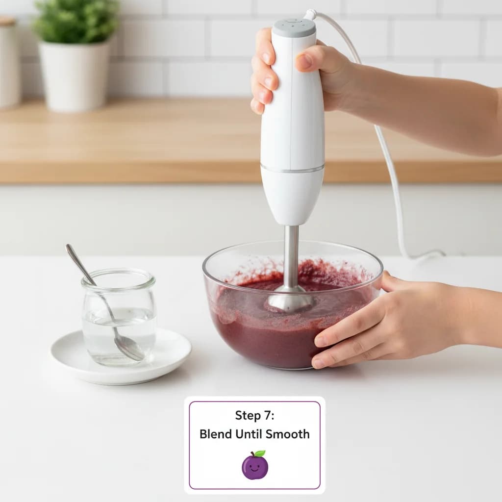 Step 7: **Blend Until Smooth:** Blend the prunes until they form a smooth, thick purée. If needed, add a lit for Happy Tummy Oatmeal with Prune Power