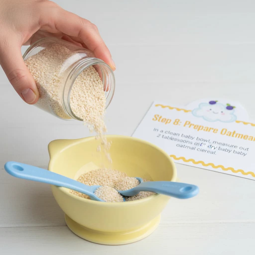 Step 8: **Prepare Oatmeal:** In a clean baby bowl, measure out 2 tablespoons of dry baby oatmeal cereal. for Happy Tummy Oatmeal with Prune Power