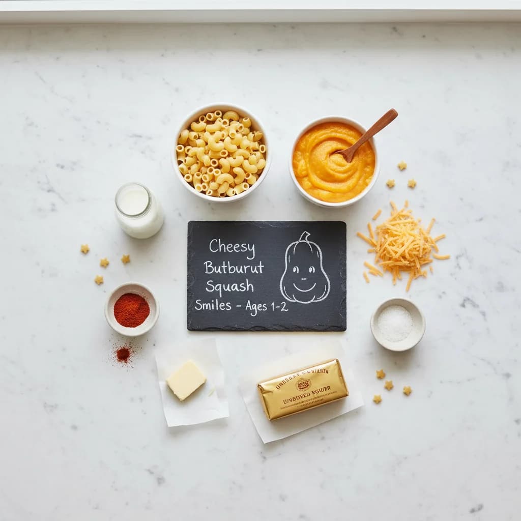 All ingredients needed for Cheesy Butternut Squash Smiles arranged on a clean surface