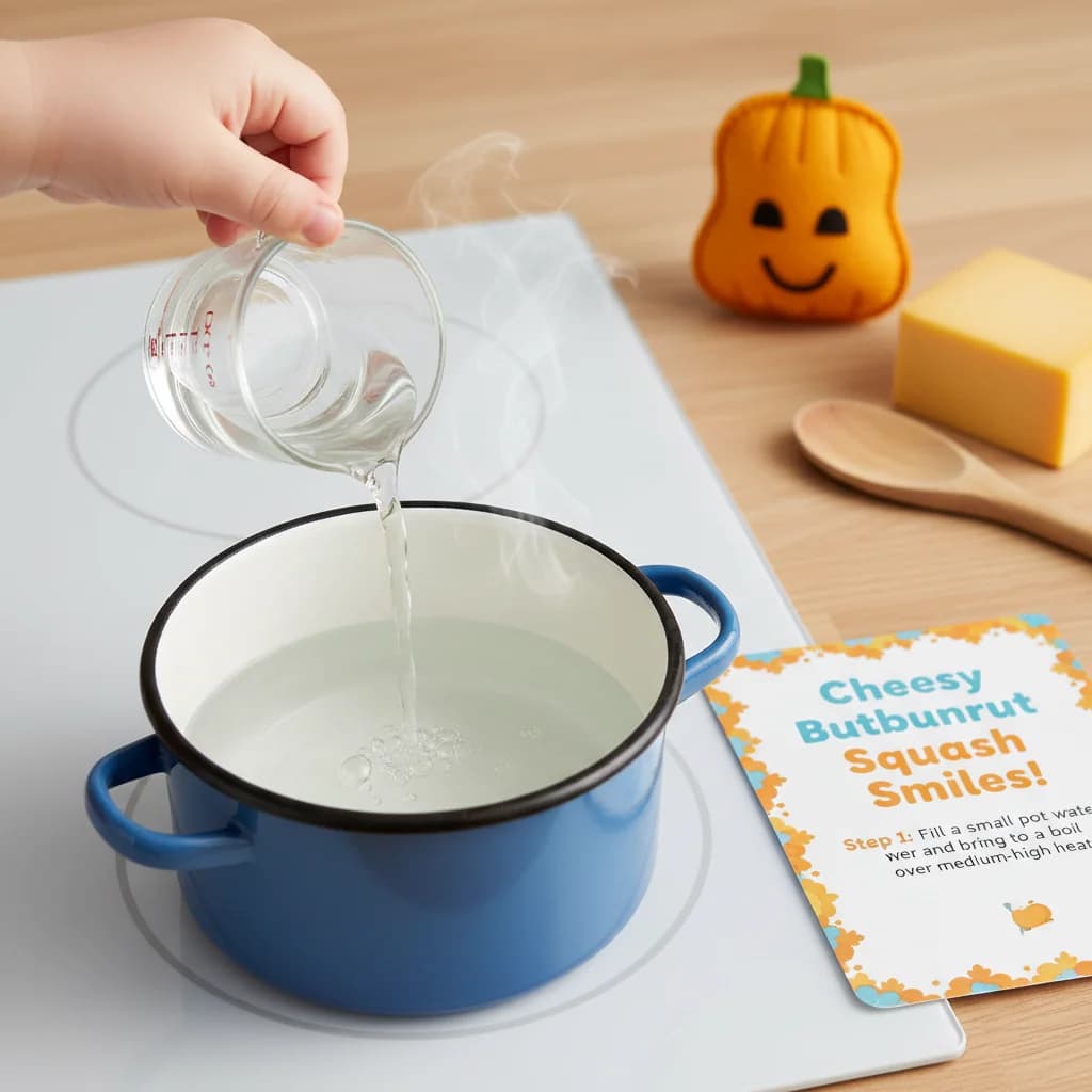 Step 1: Fill a small pot with water and bring to a boil over medium-high heat. for Cheesy Butternut Squash Smiles