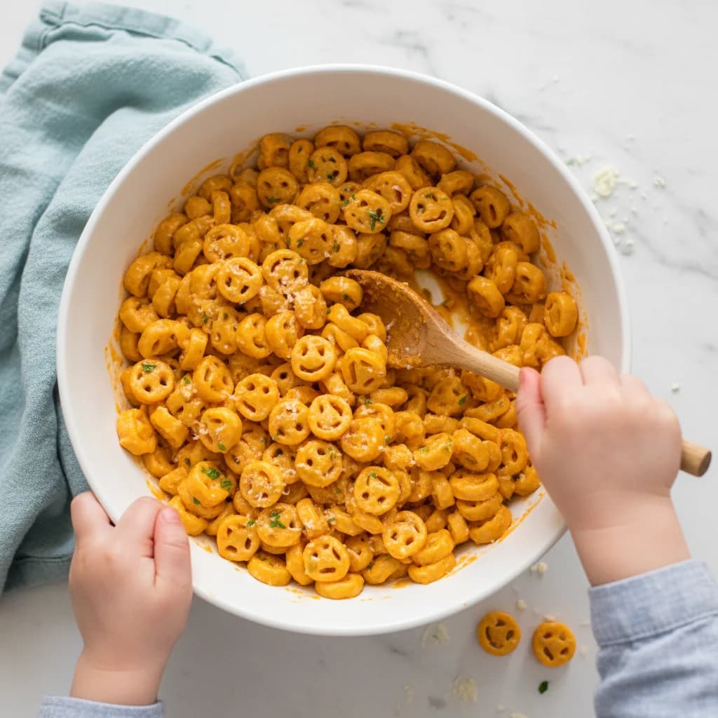 Step 10: Stir well to ensure all the pasta is evenly coated with the sauce. for Cheesy Butternut Squash Smiles