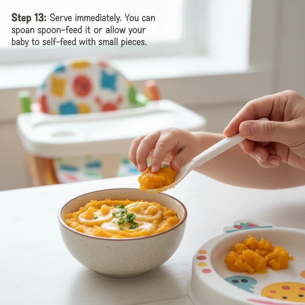 Step 13: Serve immediately. You can spoon-feed it or allow your baby to self-feed with small pieces. for Cheesy Butternut Squash Smiles