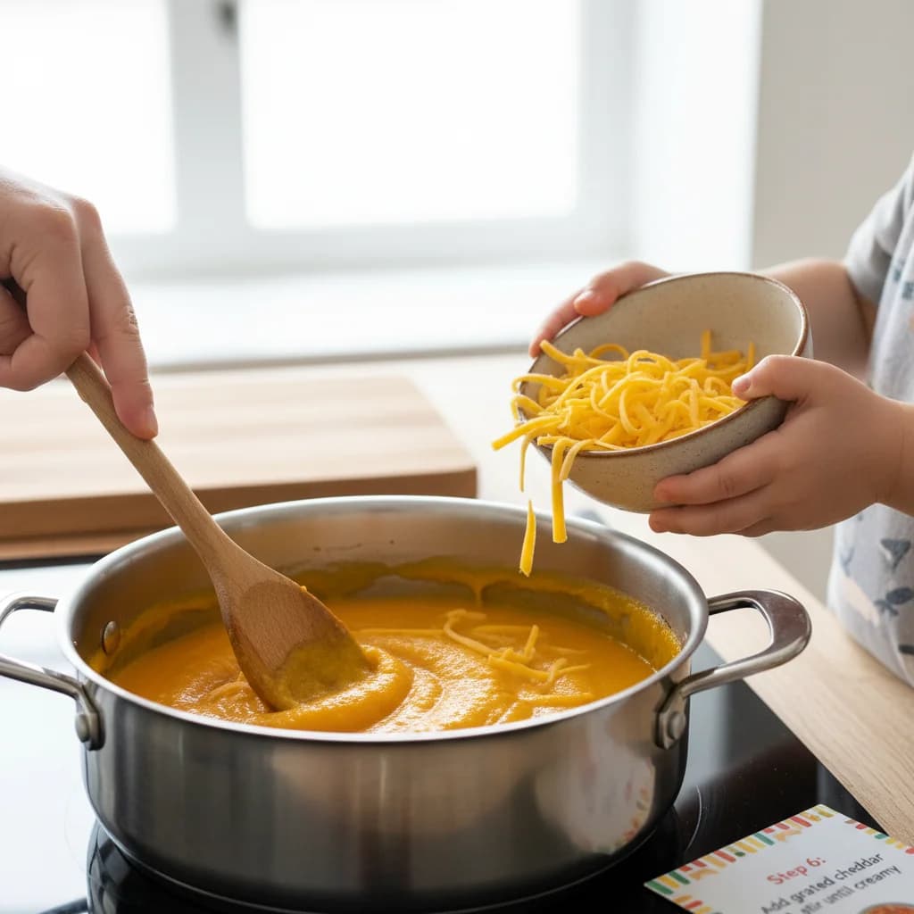 Step 6: Add the grated cheddar cheese to the saucepan and continue stirring until the cheese is completely m for Cheesy Butternut Squash Smiles