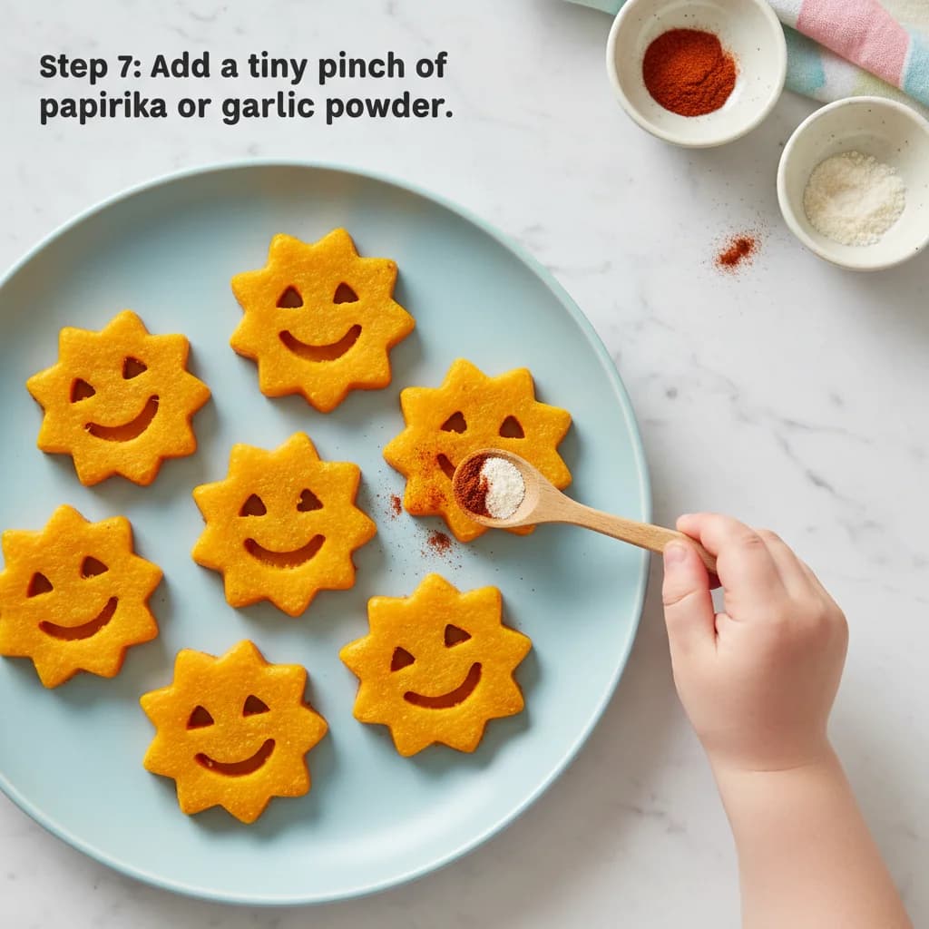 Step 7: If using, add a tiny pinch of paprika or garlic powder for a hint of flavor. Be cautious not to add for Cheesy Butternut Squash Smiles