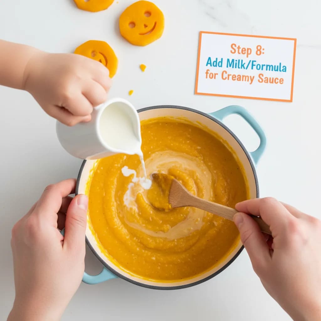 Step 8: If the sauce is too thick, add a small splash of milk/formula to reach the desired creamy consistenc for Cheesy Butternut Squash Smiles