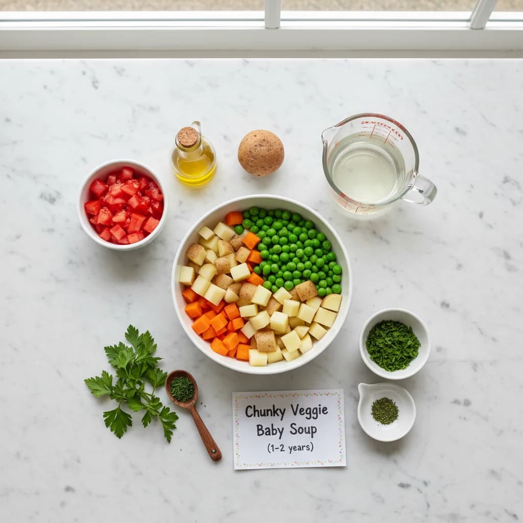 All ingredients needed for Chunky Veggie Baby Soup arranged on a clean surface
