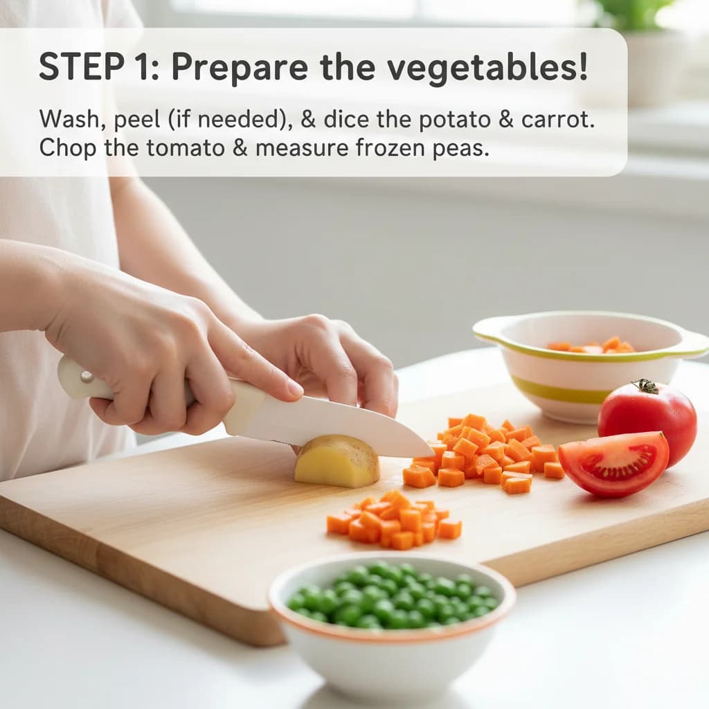 Step 1: Prepare the vegetables: Wash, peel (if needed), and dice the potato and carrot into small, manageabl for Chunky Veggie Baby Soup