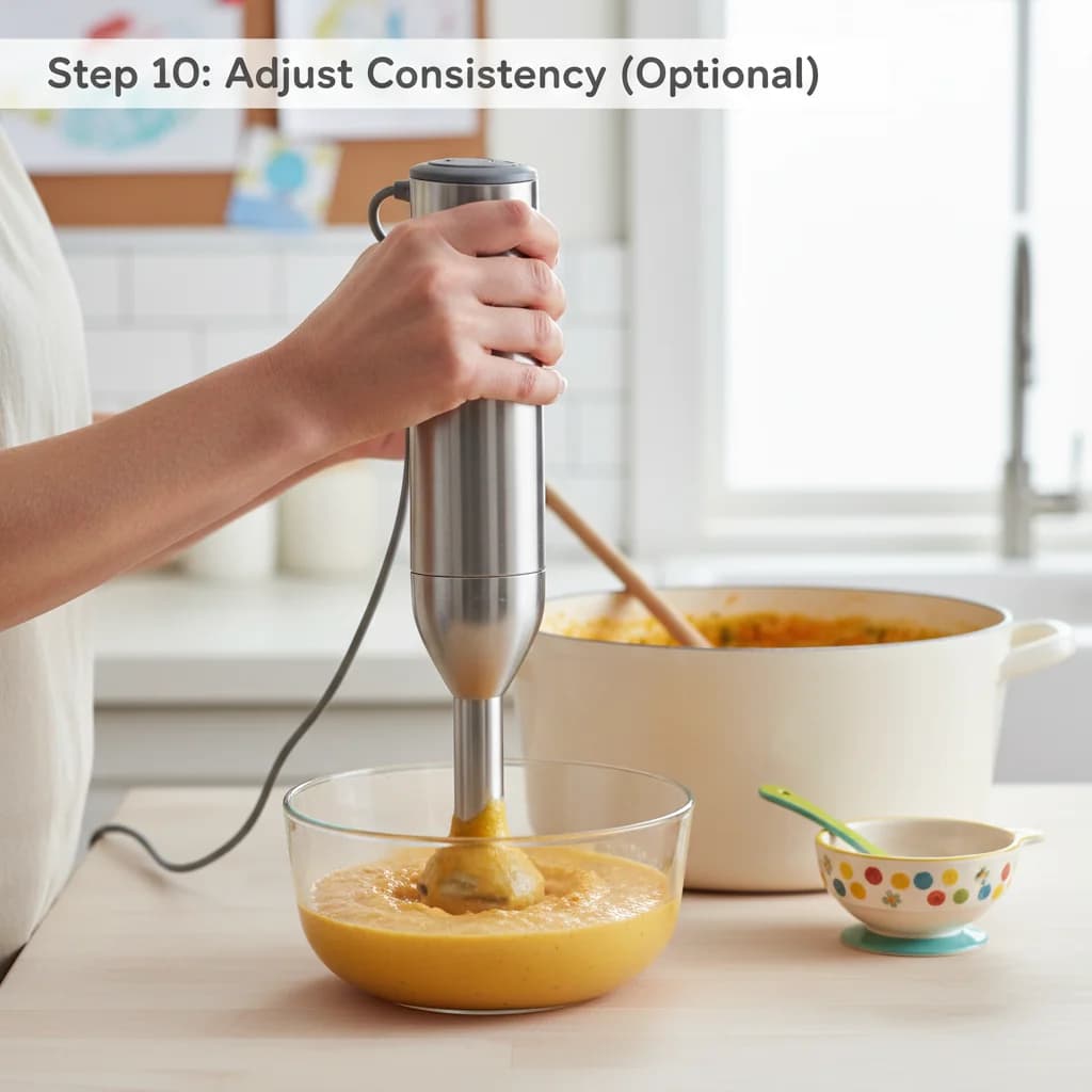 Step 10: Adjust consistency (optional): For a smoother consistency, remove a ladle of the soup and puree it u for Chunky Veggie Baby Soup