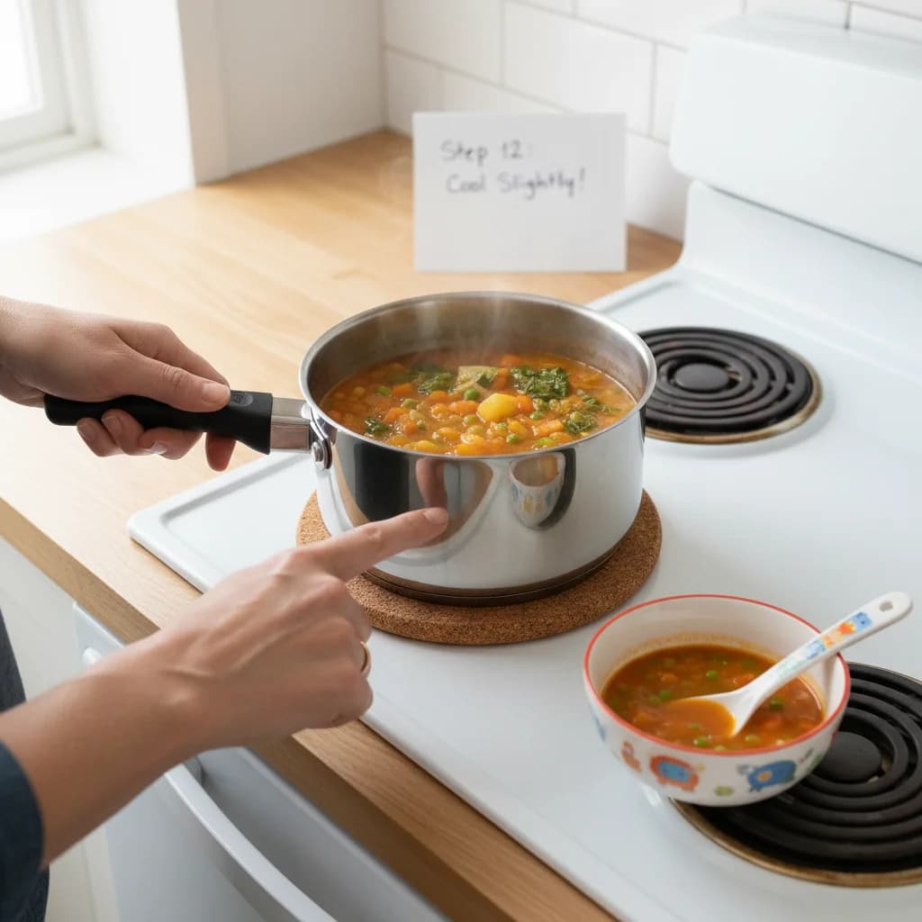 Step 12: Cool slightly: Remove the saucepan from the heat and let the soup cool slightly before serving. Soup for Chunky Veggie Baby Soup