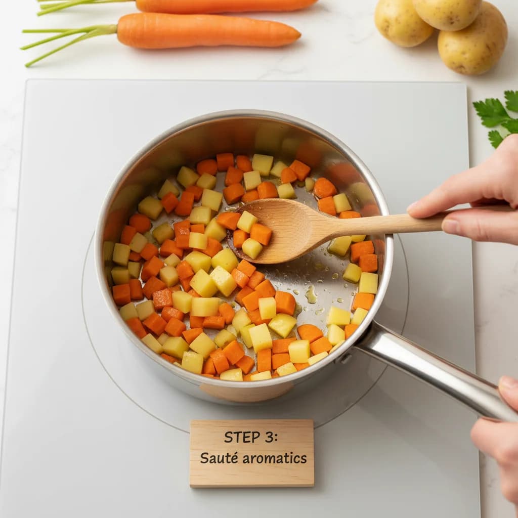 Step 3: Sauté aromatics (optional): Add the diced carrot and potato to the saucepan. Sauté for 1-2 minutes, for Chunky Veggie Baby Soup