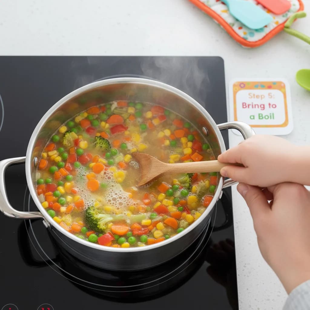 Step 5: Bring to a boil: Bring the mixture to a boil over medium-high heat. for Chunky Veggie Baby Soup