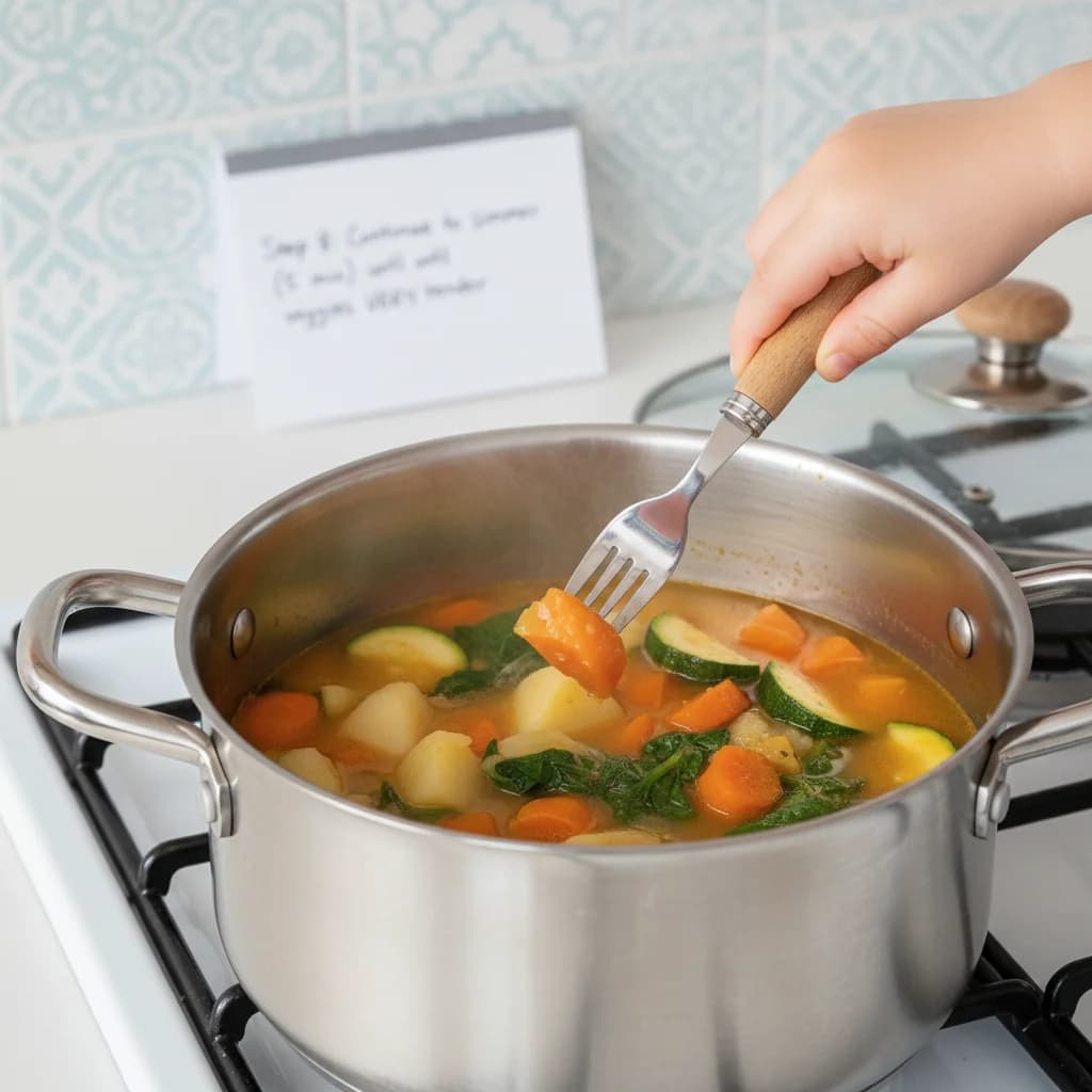 Step 8: Continue to simmer: Continue to simmer, covered, for another 5 minutes, or until all the vegetables for Chunky Veggie Baby Soup