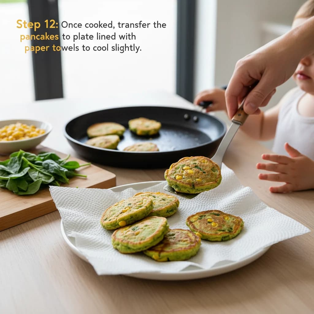 Step 12: Once cooked, transfer the pancakes to a plate lined with paper towels to cool slightly. for Spinach & Corn Mini Pancakes (Savory Bites!)