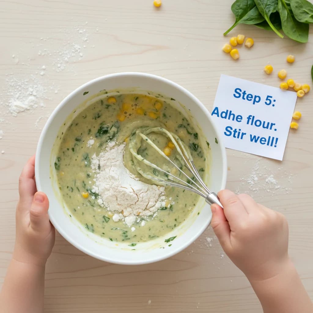 Step 5: Add the flour to the bowl with the whisked egg. Stir well until a thick batter forms. It might be a for Spinach & Corn Mini Pancakes (Savory Bites!)