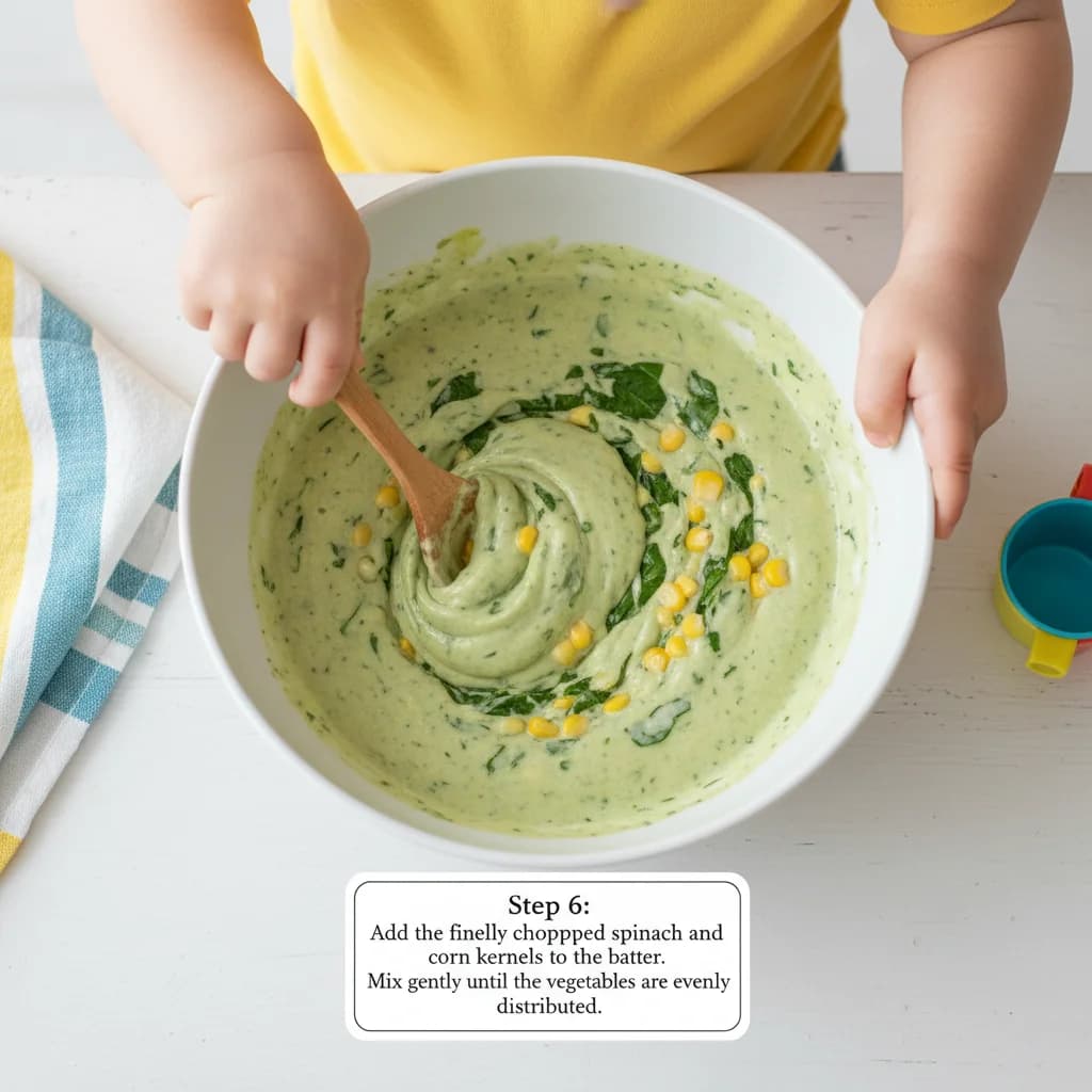 Step 6: Add the finely chopped spinach and corn kernels to the batter. Mix gently until the vegetables are e for Spinach & Corn Mini Pancakes (Savory Bites!)