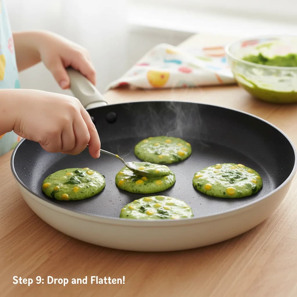 Step 9: Once the pan is heated, drop tablespoon-sized portions of the batter onto the pan, leaving some spac for Spinach & Corn Mini Pancakes (Savory Bites!)