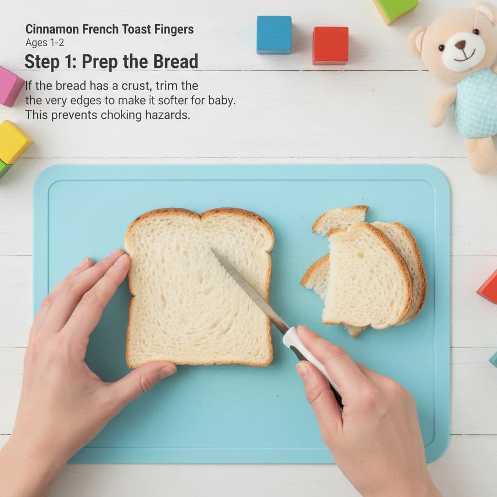 Step 1: **Prep the Bread:** If the bread has a crust, trim the very edges to make it softer for baby. This p for Cinnamon French Toast Fingers
