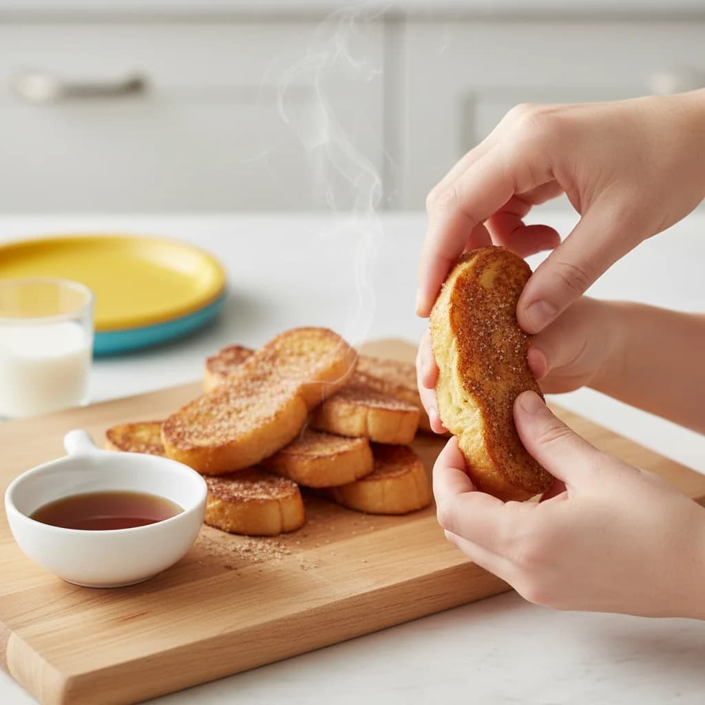 Step 10: **Check for Doneness:** Ensure the French toast is cooked through but still soft. It should easily s for Cinnamon French Toast Fingers