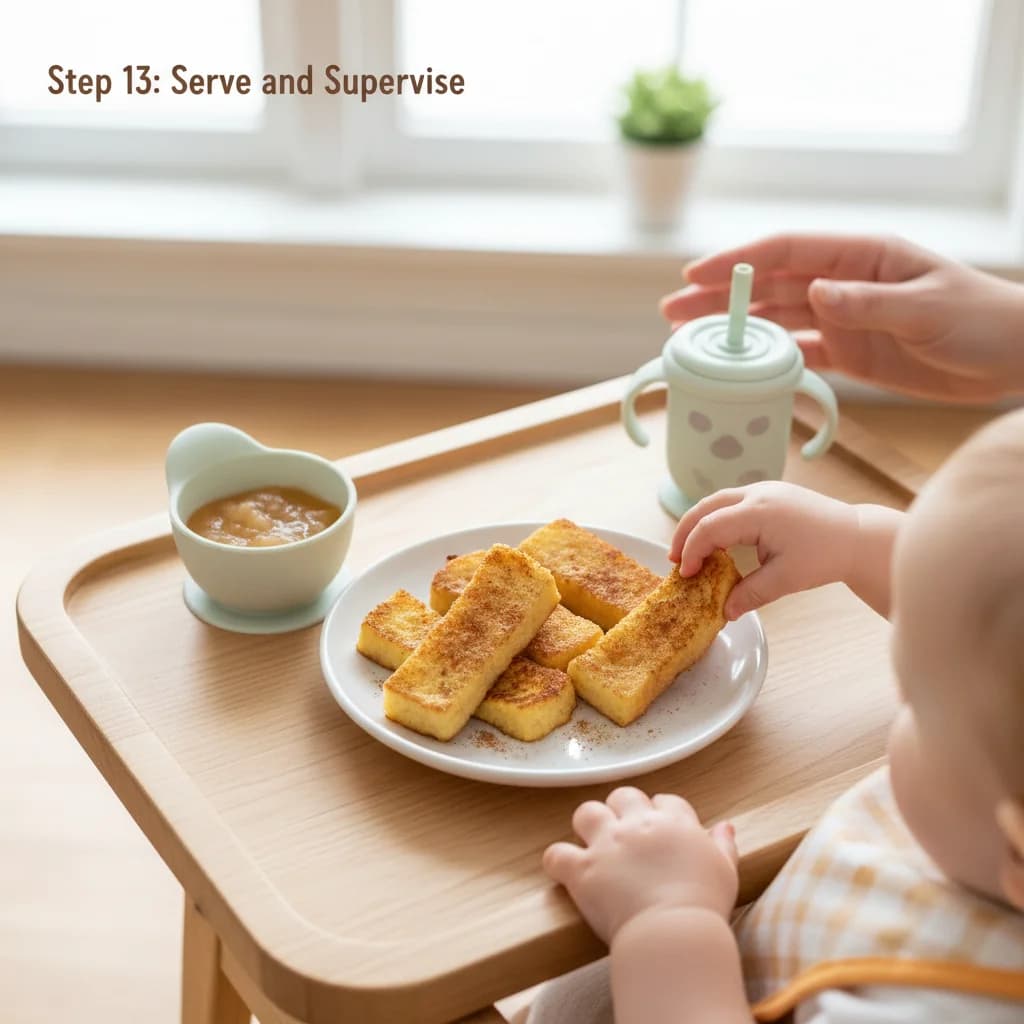 Step 13: **Serve and Supervise:** Serve the French toast sticks to your baby as finger food. Always supervise for Cinnamon French Toast Fingers
