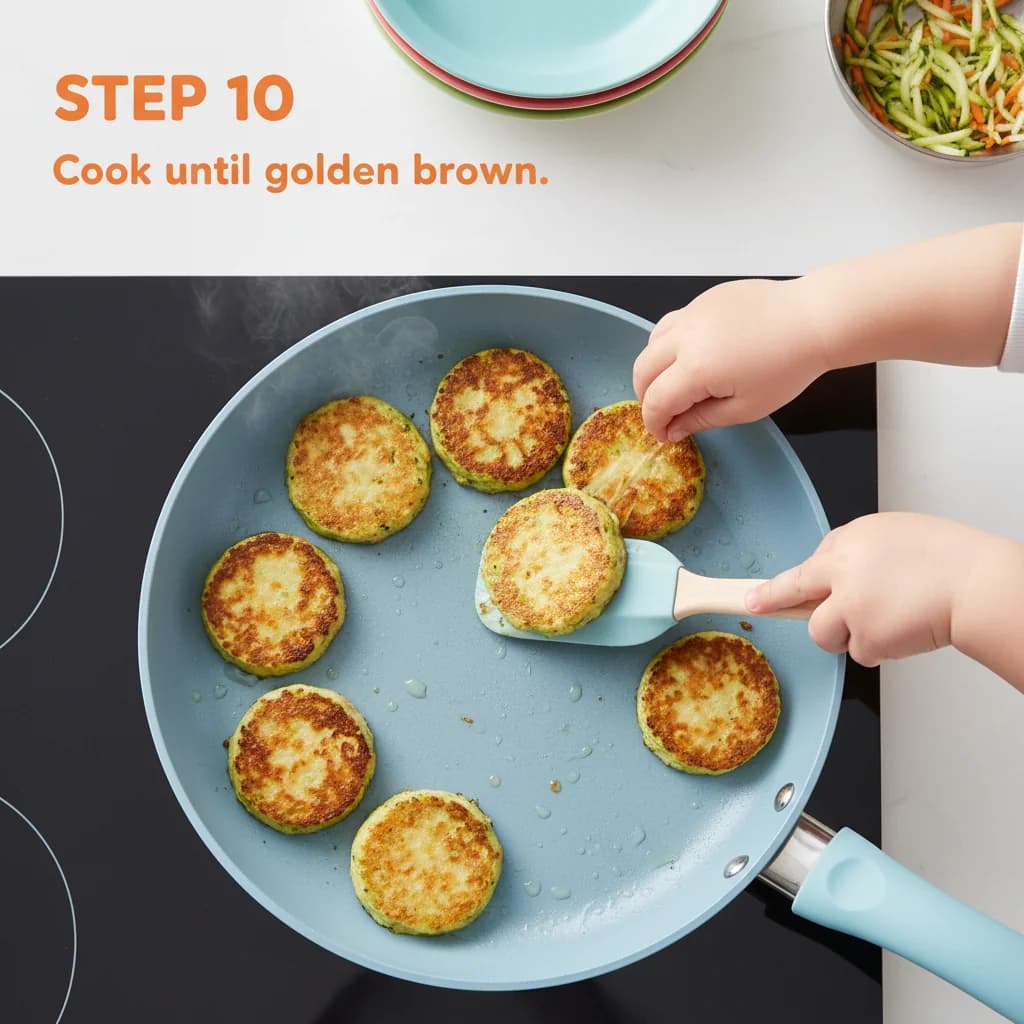 Step 10: Cook for about 2-3 minutes on one side, until the bottom is golden brown and set. for Zucchini Carrot Bites