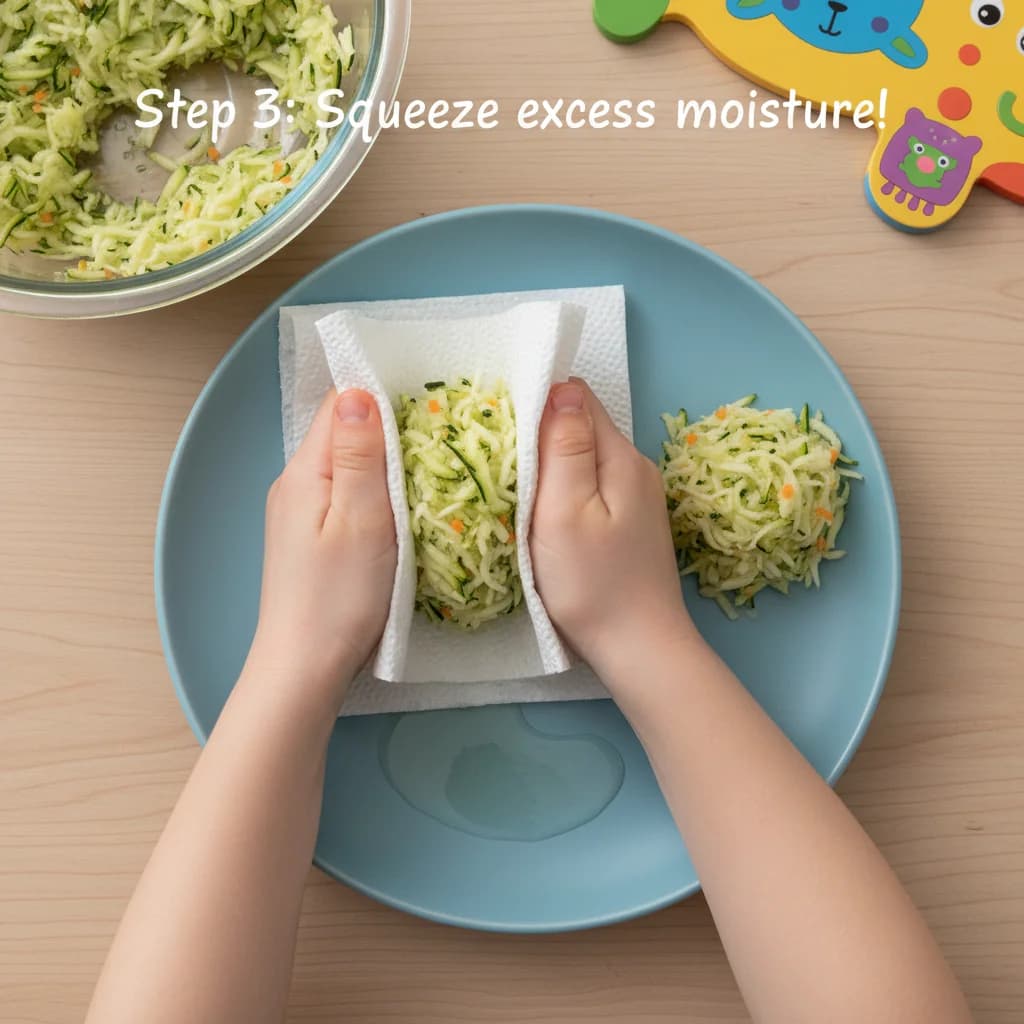 Step 3: If the grated zucchini seems very watery, gently squeeze out excess moisture with a paper towel. A l for Zucchini Carrot Bites