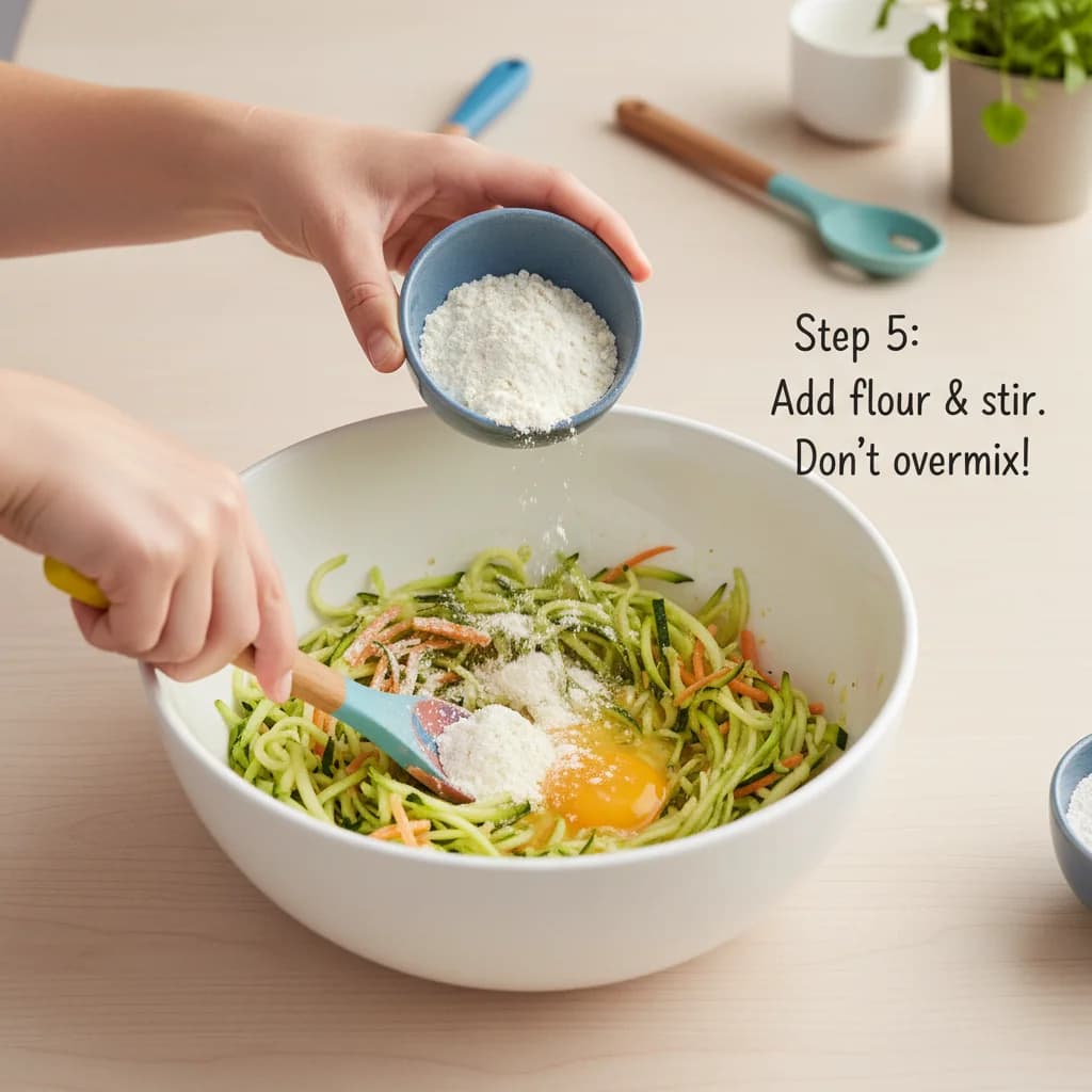 Step 5: Add the flour to the bowl with the egg. Stir until just combined. Don't overmix! for Zucchini Carrot Bites