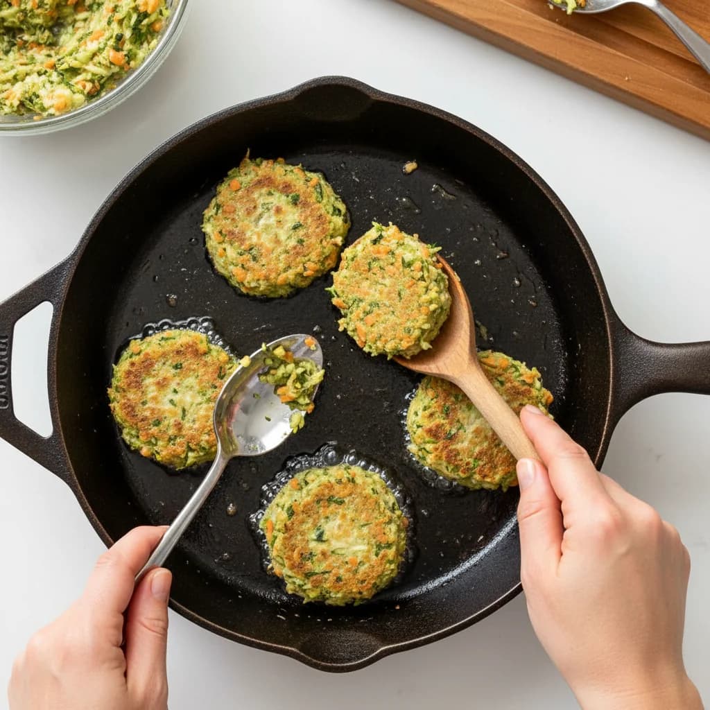Step 9: Once the oil is hot, drop spoonfuls (about 1 tablespoon each) of the zucchini-carrot mixture into th for Zucchini Carrot Bites