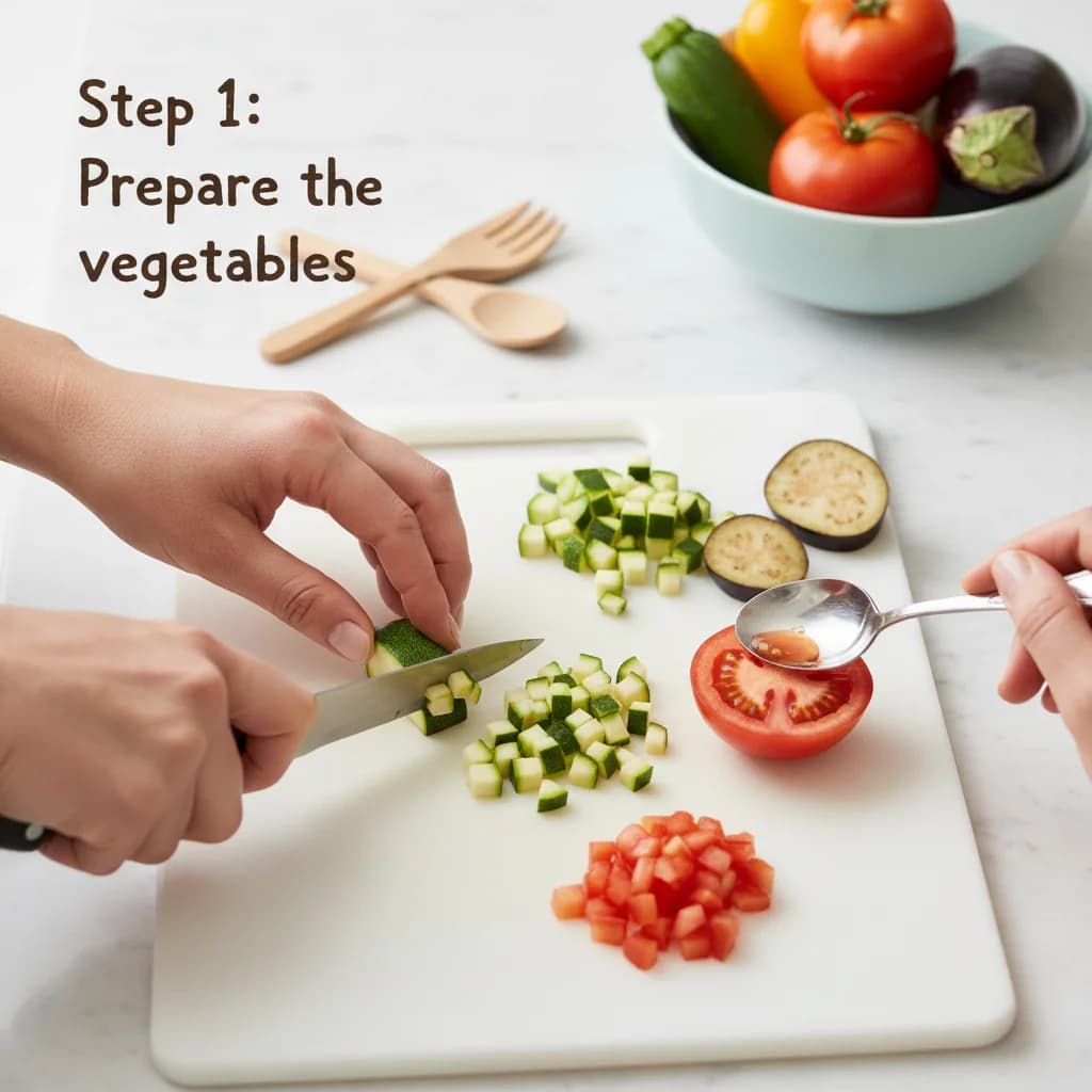 Step 1: Prepare the vegetables: Wash and dice the zucchini and eggplant (or bell pepper) into small, managea for Baby's First Quinoa Ratatouille