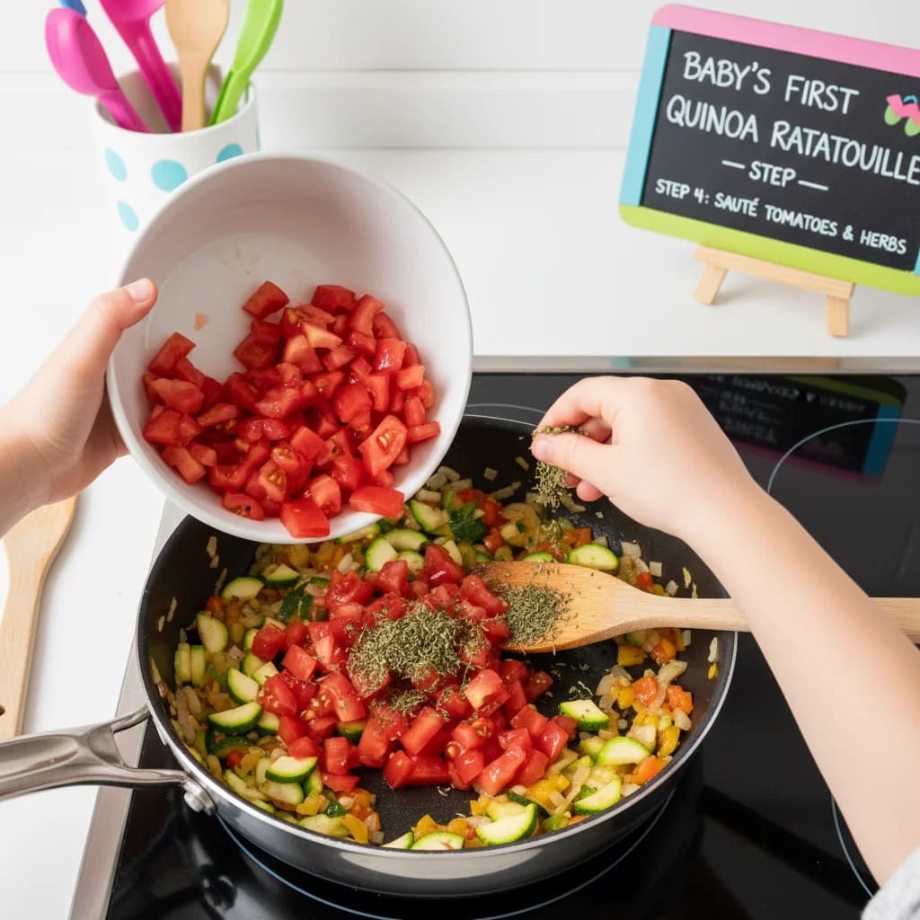 Step 4: Add the chopped tomato and dried basil or thyme (if using) to the pan and sauté for another minute, for Baby's First Quinoa Ratatouille