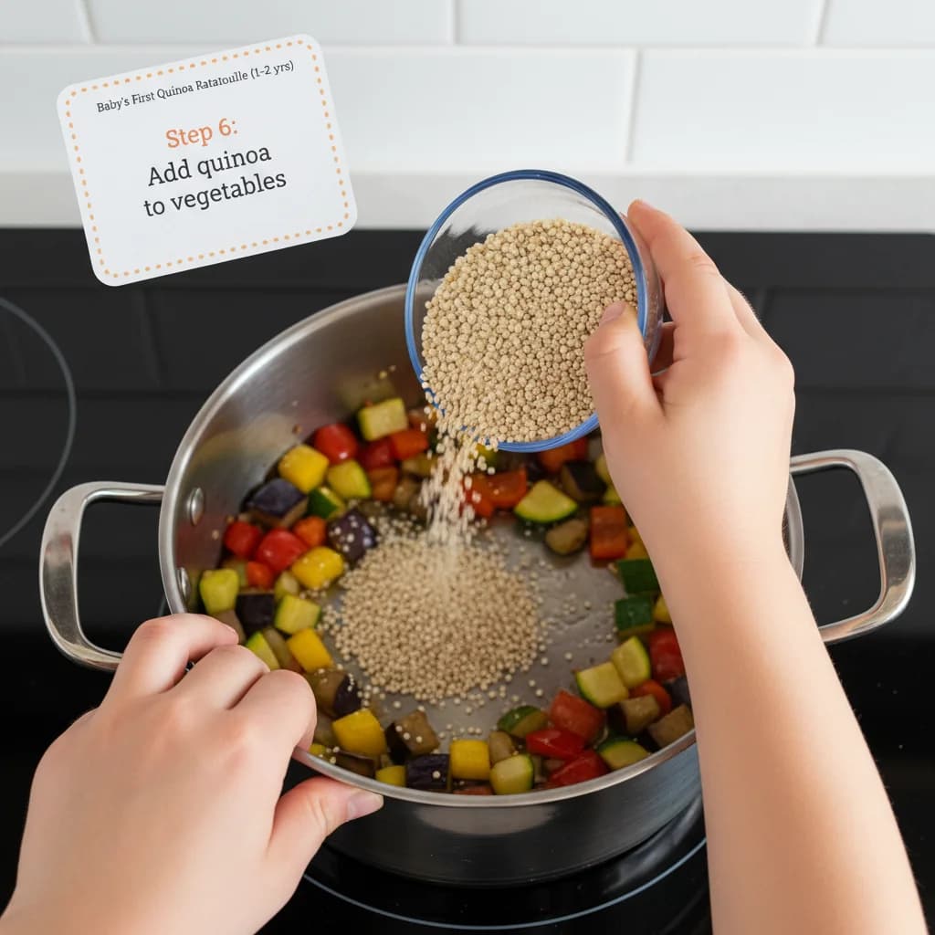 Step 6: Add the rinsed quinoa to the saucepan with the sautéed vegetables. for Baby's First Quinoa Ratatouille