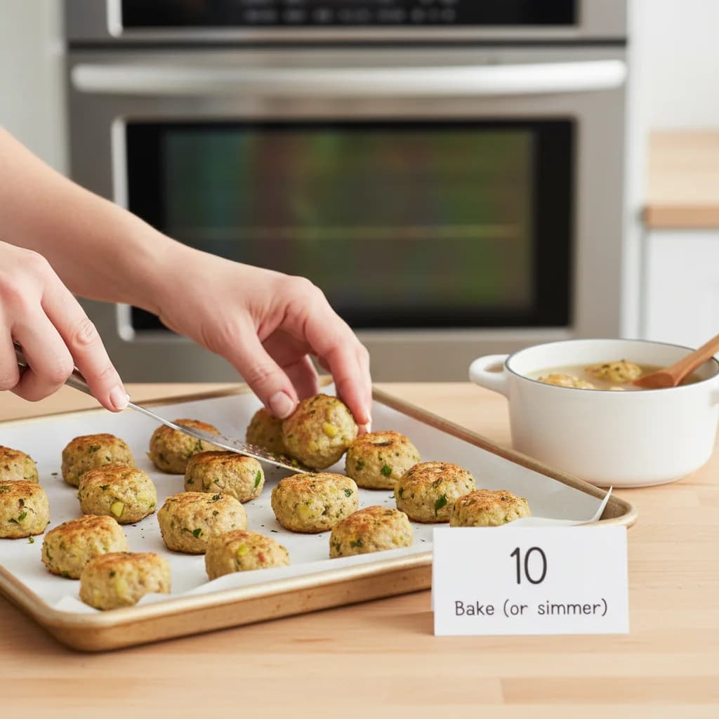 Step 10: **Step 10: Bake (or simmer).** If baking, place the baking sheet in the preheated oven and bake for for Apple-Turkey Mini Meatballs