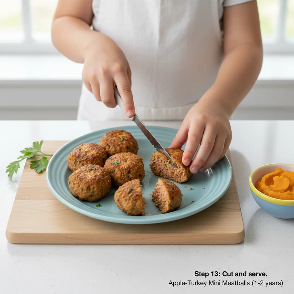 Step 13: **Step 13: Cut and serve.** Depending on the child's age and chewing ability, cut the meatballs in h for Apple-Turkey Mini Meatballs