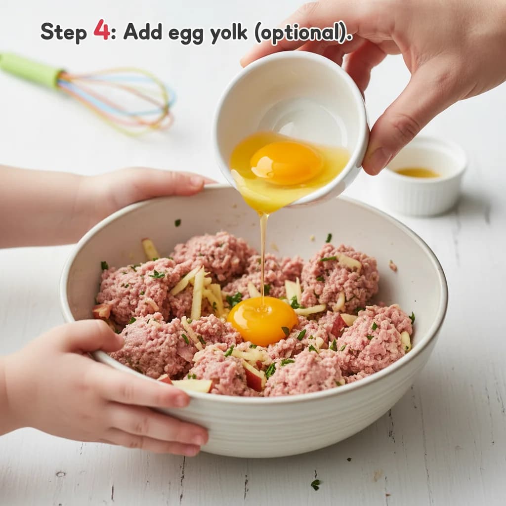 Step 4: **Step 4: Add egg yolk (optional).** If the mixture is too loose, add the half egg yolk to the bowl. for Apple-Turkey Mini Meatballs