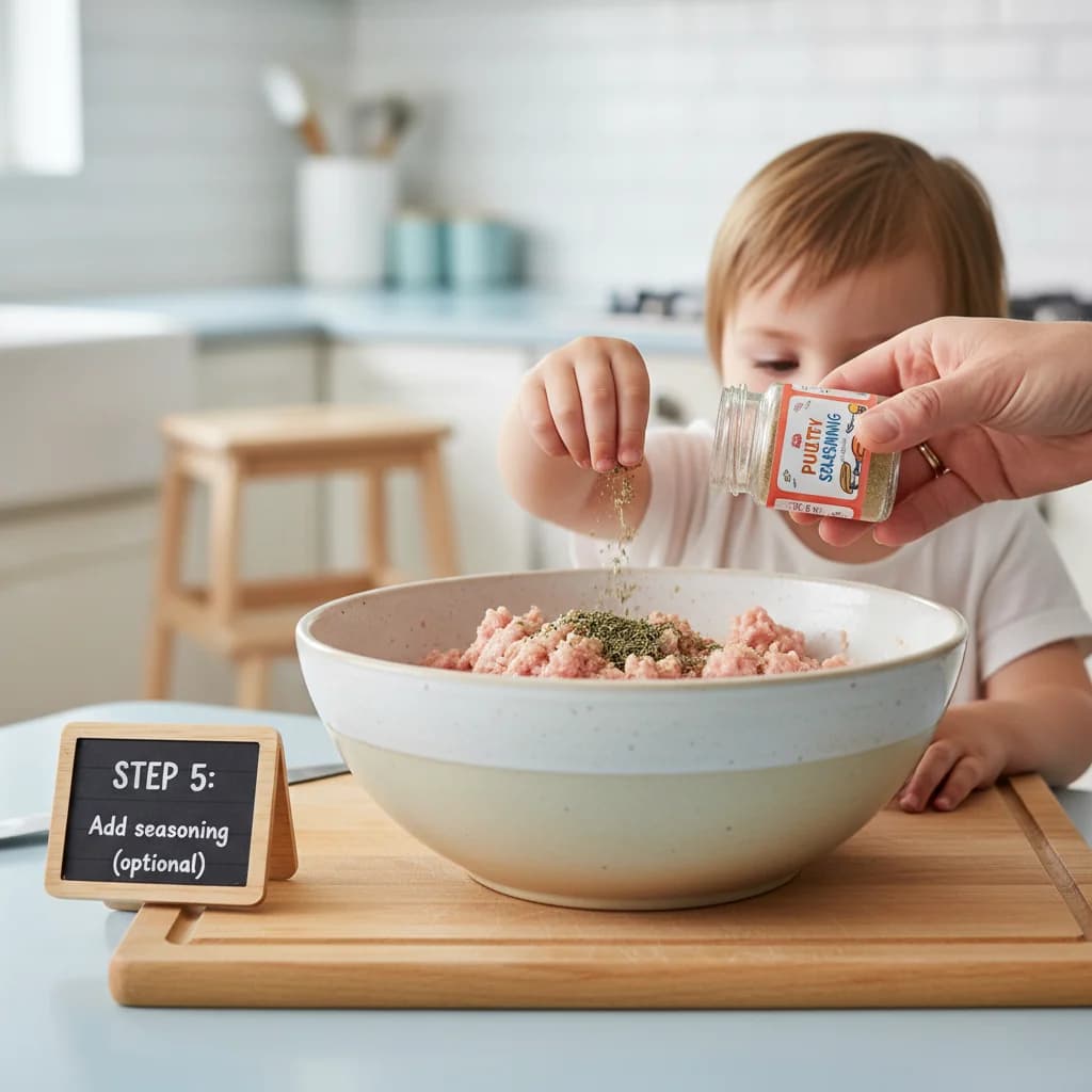 Step 5: **Step 5: Add seasoning (optional).** If using, add the poultry seasoning or a pinch of sage to the for Apple-Turkey Mini Meatballs