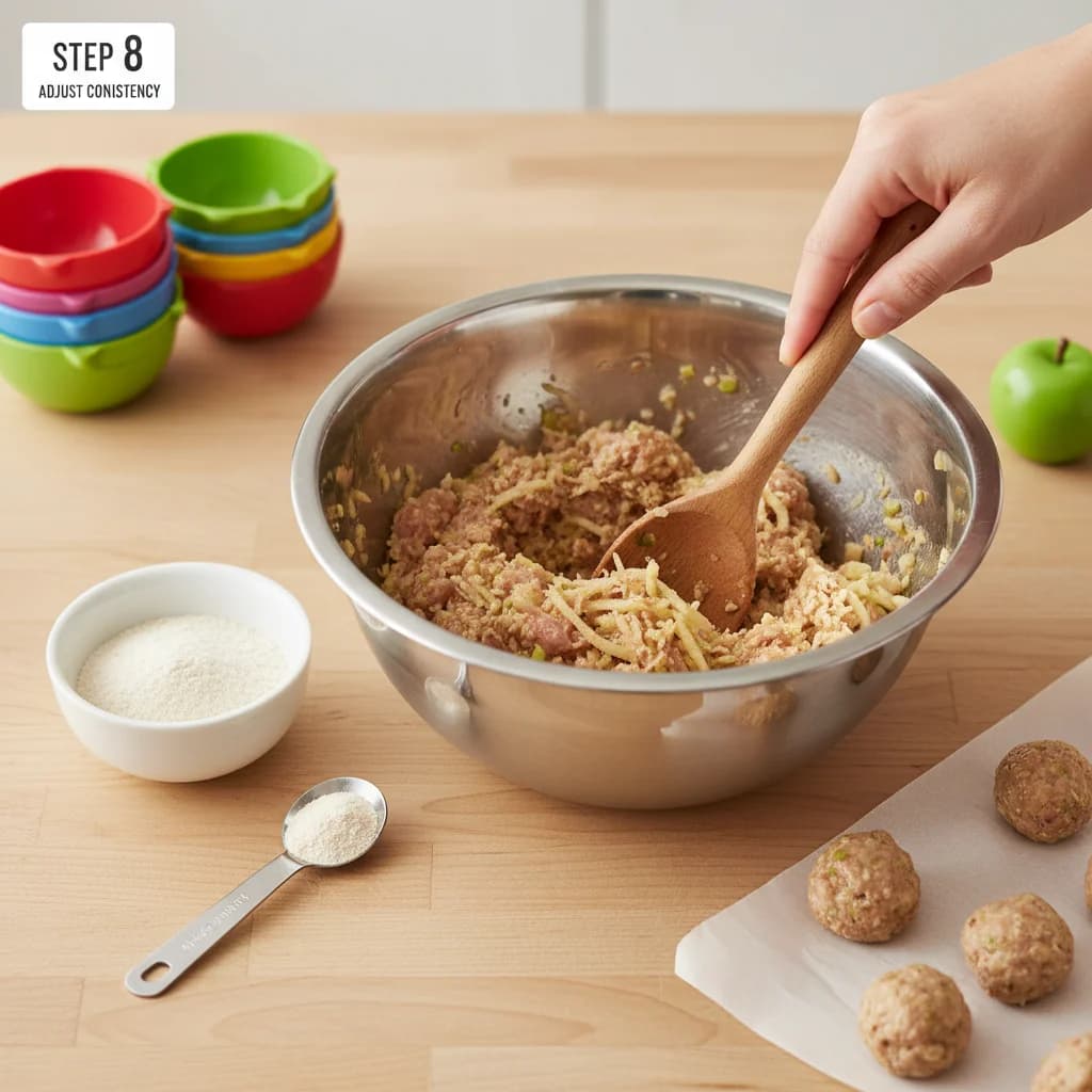 Step 8: **Step 8: Adjust consistency if needed.** If the mixture is too wet to form balls easily, add a litt for Apple-Turkey Mini Meatballs