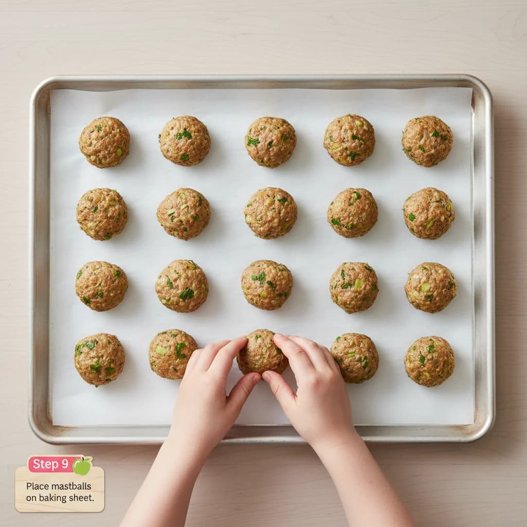 Step 9: **Step 9: Place meatballs on baking sheet.** Arrange the formed meatballs on the prepared baking she for Apple-Turkey Mini Meatballs