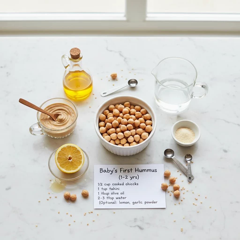 All ingredients needed for Baby's First Hummus: Chickpea & Sesame Spread arranged on a clean surface
