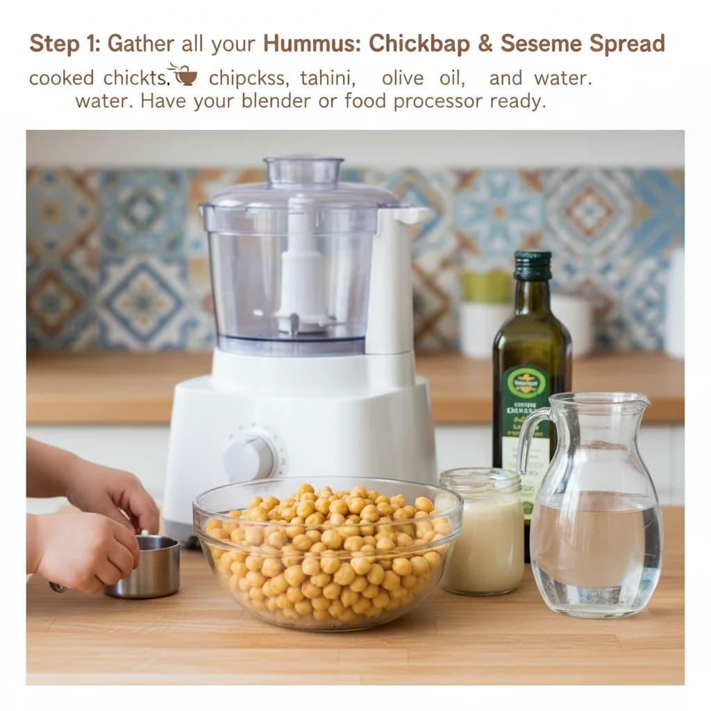 Step 1: Step 1: Gather all your ingredients: cooked chickpeas, tahini, olive oil, and water. Have your blend for Baby's First Hummus: Chickpea & Sesame Spread