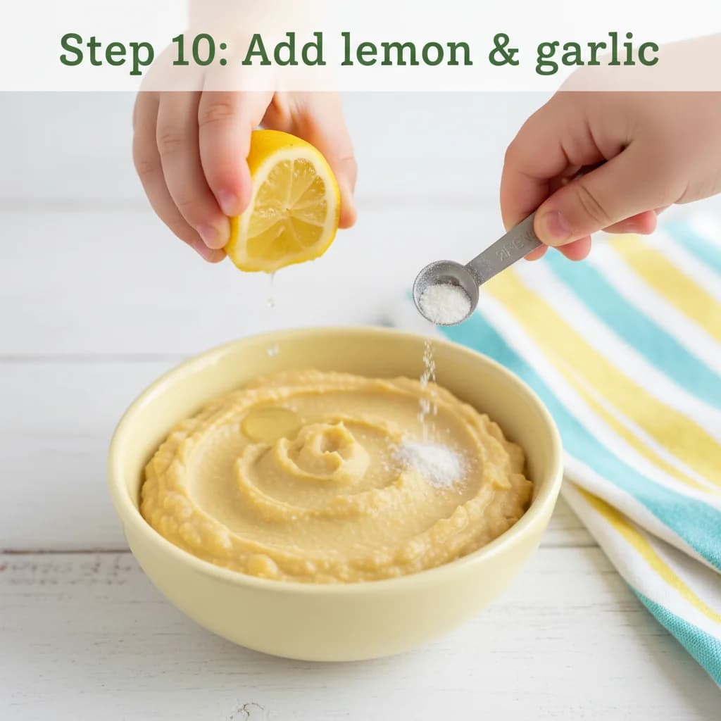 Step 10: Step 10: (Optional) For a hint of traditional hummus flavor, add a tiny squeeze (1/4 tsp) of lemon j for Baby's First Hummus: Chickpea & Sesame Spread