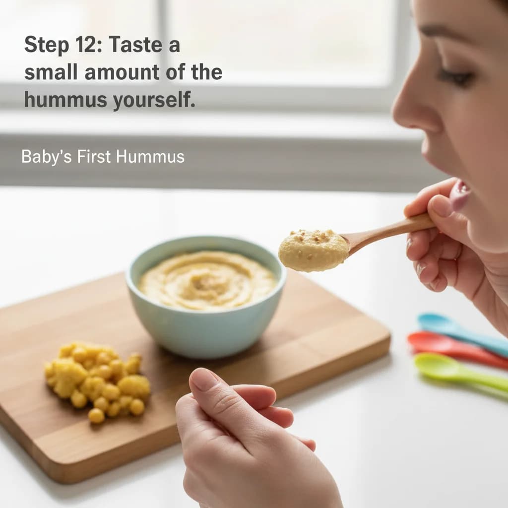 Step 12: Step 12: Taste a small amount of the hummus yourself. It should be mild and palatable for a baby. Do for Baby's First Hummus: Chickpea & Sesame Spread