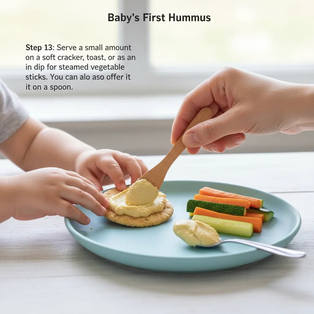 Step 13: Step 13: Serve a small amount on a soft cracker, toast, or as a dip for steamed vegetable sticks. Yo for Baby's First Hummus: Chickpea & Sesame Spread