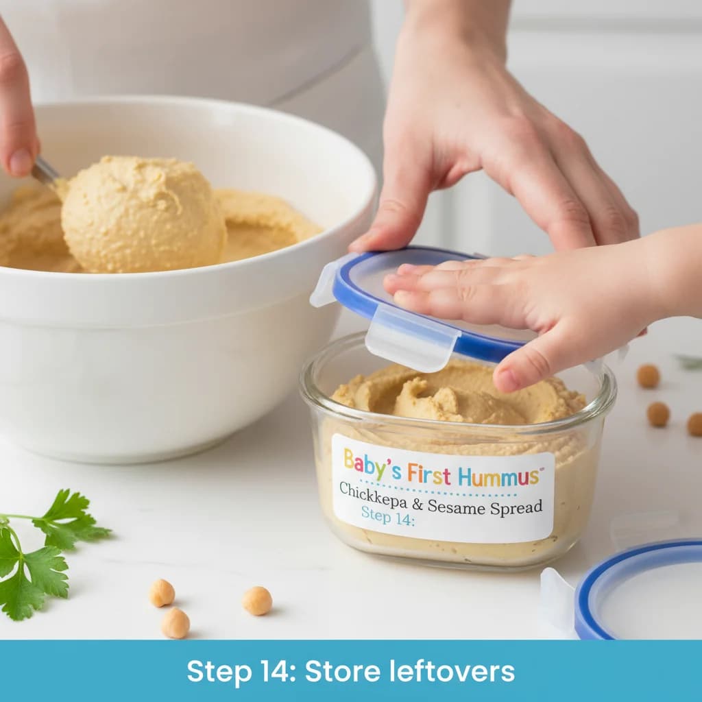 Step 14: Step 14: Store leftover hummus in an airtight container in the refrigerator for up to 3 days. for Baby's First Hummus: Chickpea & Sesame Spread
