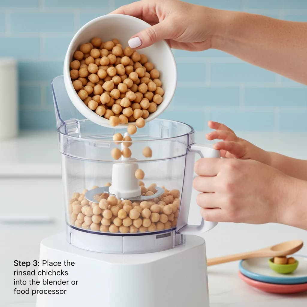 Step 3: Step 3: Place the rinsed chickpeas into the blender or food processor. for Baby's First Hummus: Chickpea & Sesame Spread