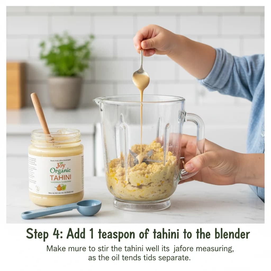 Step 4: Step 4: Add 1 teaspoon of tahini to the blender. Make sure to stir the tahini well in its jar before for Baby's First Hummus: Chickpea & Sesame Spread