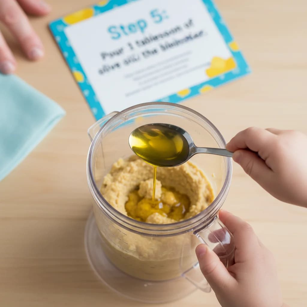 Step 5: Step 5: Pour 1 tablespoon of olive oil into the blender. for Baby's First Hummus: Chickpea & Sesame Spread