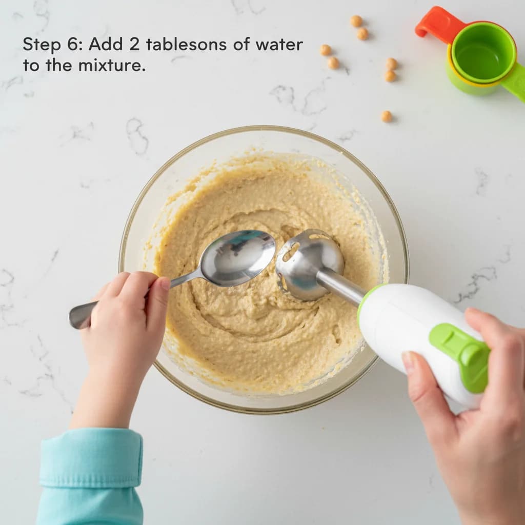 Step 6: Step 6: Add 2 tablespoons of water to the mixture. This will help create a smooth consistency. for Baby's First Hummus: Chickpea & Sesame Spread